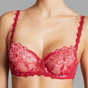 Simone Perele Amour Demi Bra 34E Red Pink Lace Floral
